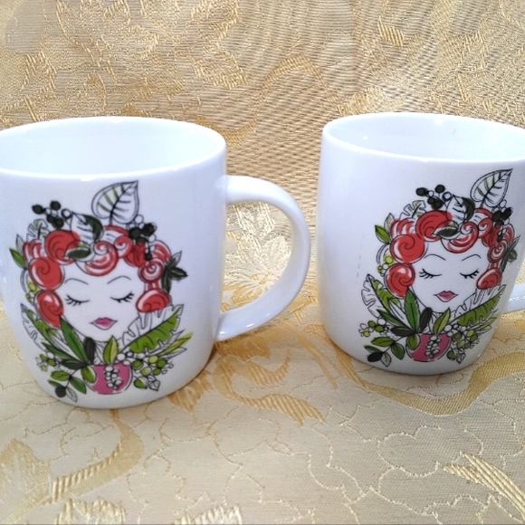 2~Ceramic Coffee Tea Mug Red Headed Lady W/Crazy Plant Lady Leaves Design - Picture 3 of 7